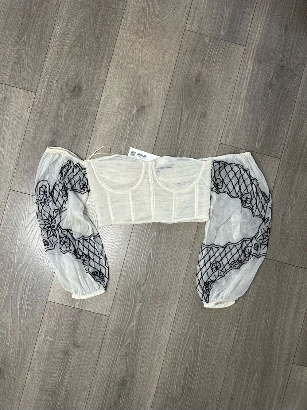 Zara Cream Crop Top with Black Embroidered Sheer Puff Sleeves